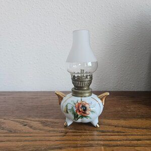 Vintate Miniature Porcelain Oil Lamp with Orange Poppy and Gold Trim